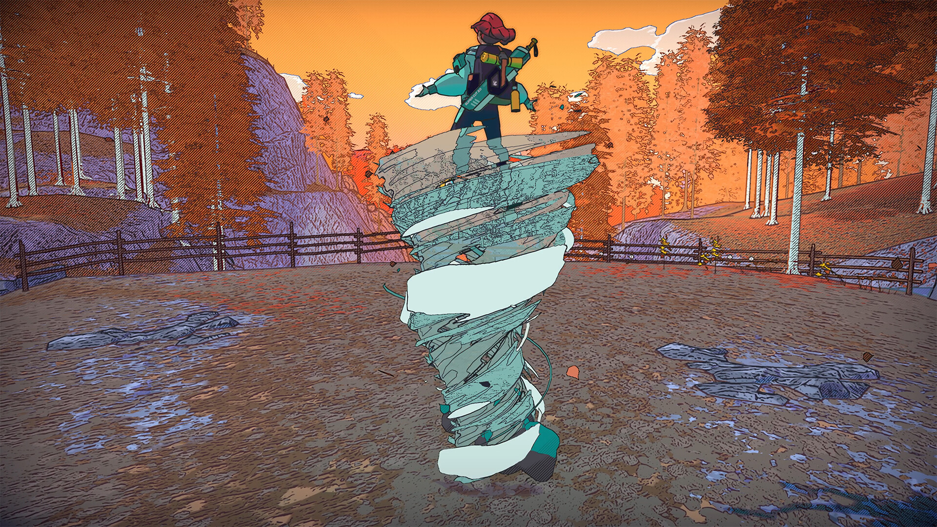 The main character rides a tornado in Dungeons of Hinterberg.